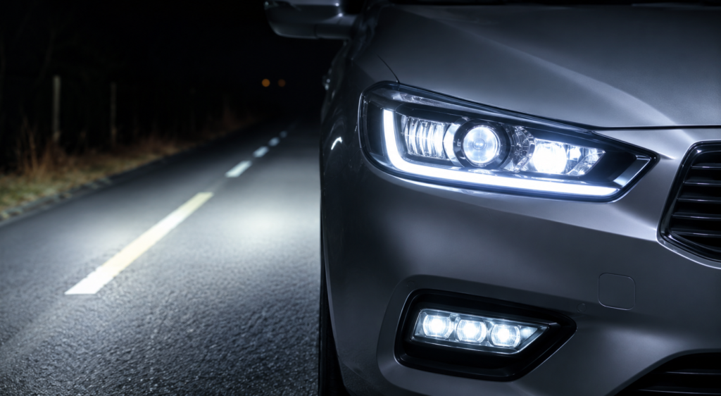 Farol LED automotivo iluminando estrada durante a noite, destacando tecnologia avançada, maior alcance de iluminação, eficiência energética e segurança na condução em condições de baixa visibilidade.