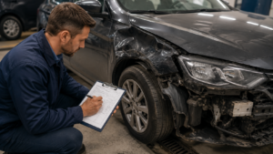 Profissional realizando laudo cautelar em carro batido dentro de oficina, inspecionando danos estruturais e componentes automotivos para avaliar as condições do veículo antes da compra.