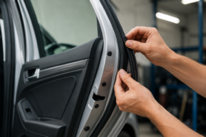 Detalhe de uma porta automotiva com borracha de vedação sendo inspecionada em oficina, demonstrando a proteção contra água, poeira e infiltrações para maior durabilidade do veículo.