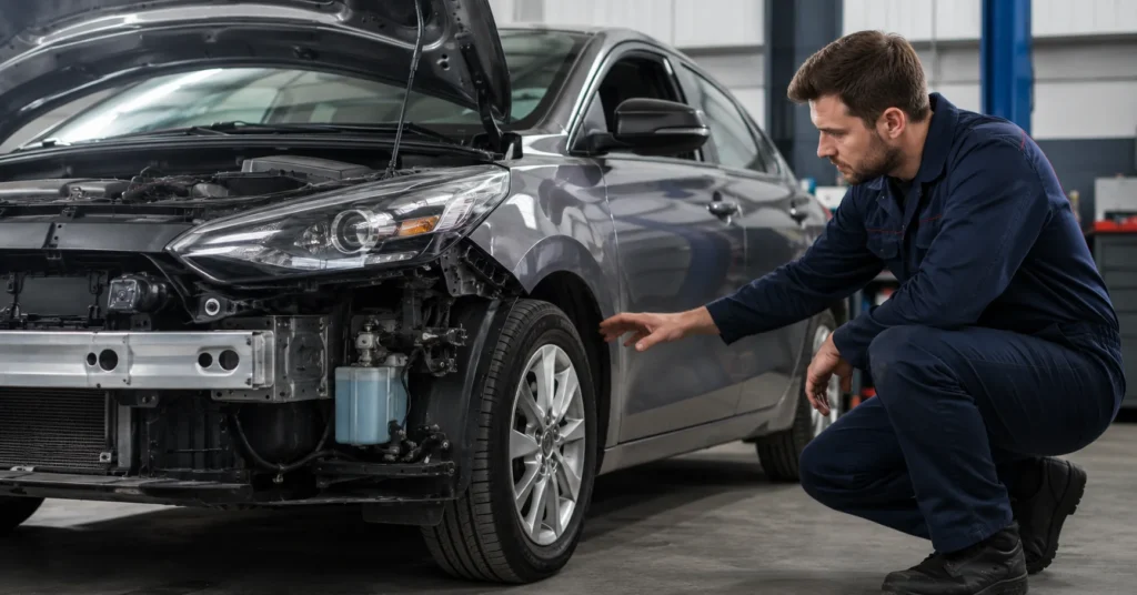 Mecânico avaliando a estrutura e os componentes internos de um carro após colisão, destacando a importância da inspeção mesmo quando não há danos externos visíveis.