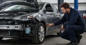 Mecânico avaliando a estrutura e os componentes internos de um carro após colisão, destacando a importância da inspeção mesmo quando não há danos externos visíveis.